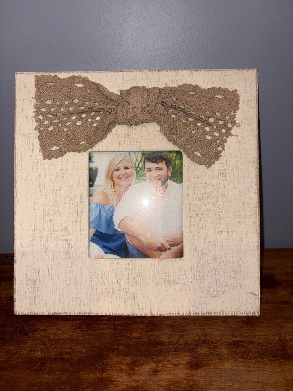 Rustic Cream Picture Frame with Tan Crochet Bow